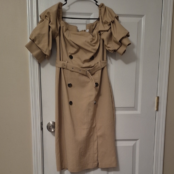 New York & Company Dresses & Skirts - New York & Company Tan Off the Shoulder Ruffle Sleeve Trench-Style Midi Dress